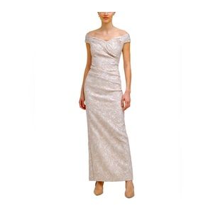 CALVIN KLEIN Womens Beige Back Slit Short Sleeve Full-Length Formal Gown